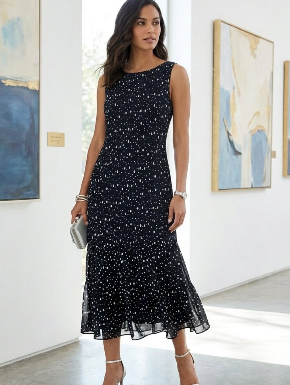Chaps Women's black and white polka dot midi dress Size 14